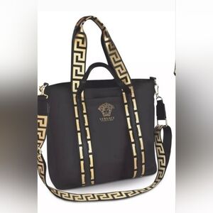 Versace Black and Gold Messenger Bag with Greca Pattern